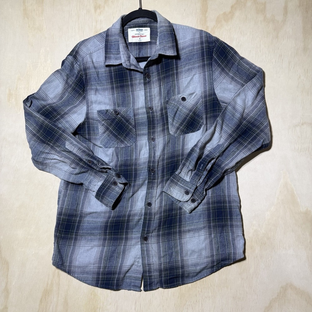Urban Pipeline Mens M Flannel Shirt Gray Blue Plaid Button Up Long Sleeve Soft